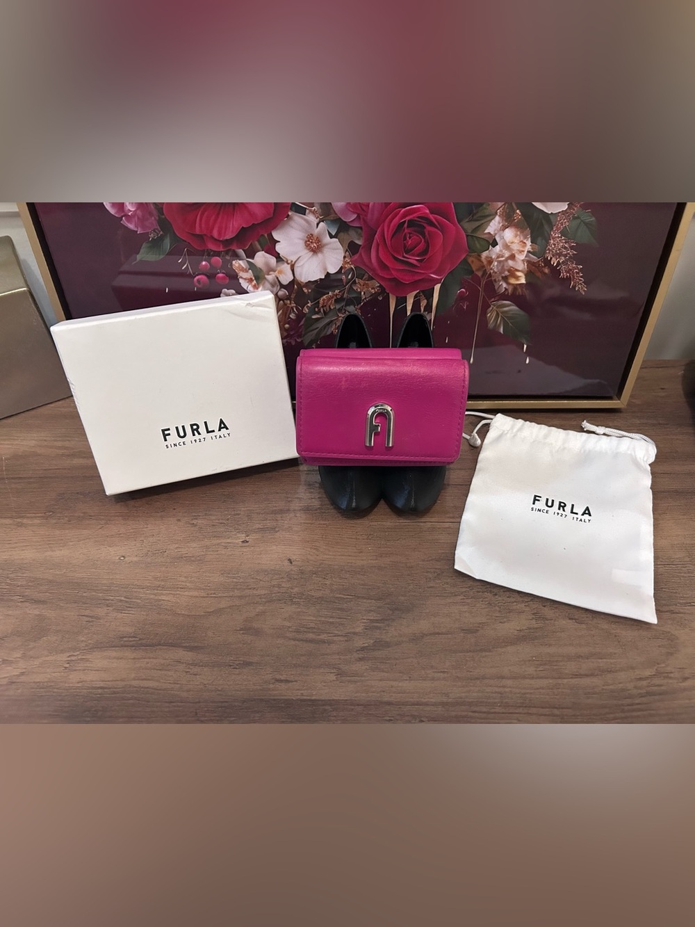 Furla Fuchsia Leather Mini Wallet with Silver Logo includes box and dusty